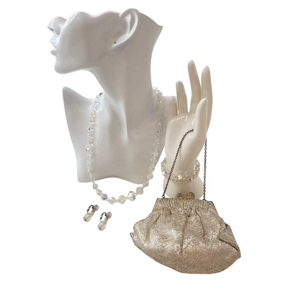 Vintage French Evening Bag W/ Gold Floral Design + Crystal Necklace Earrings & B